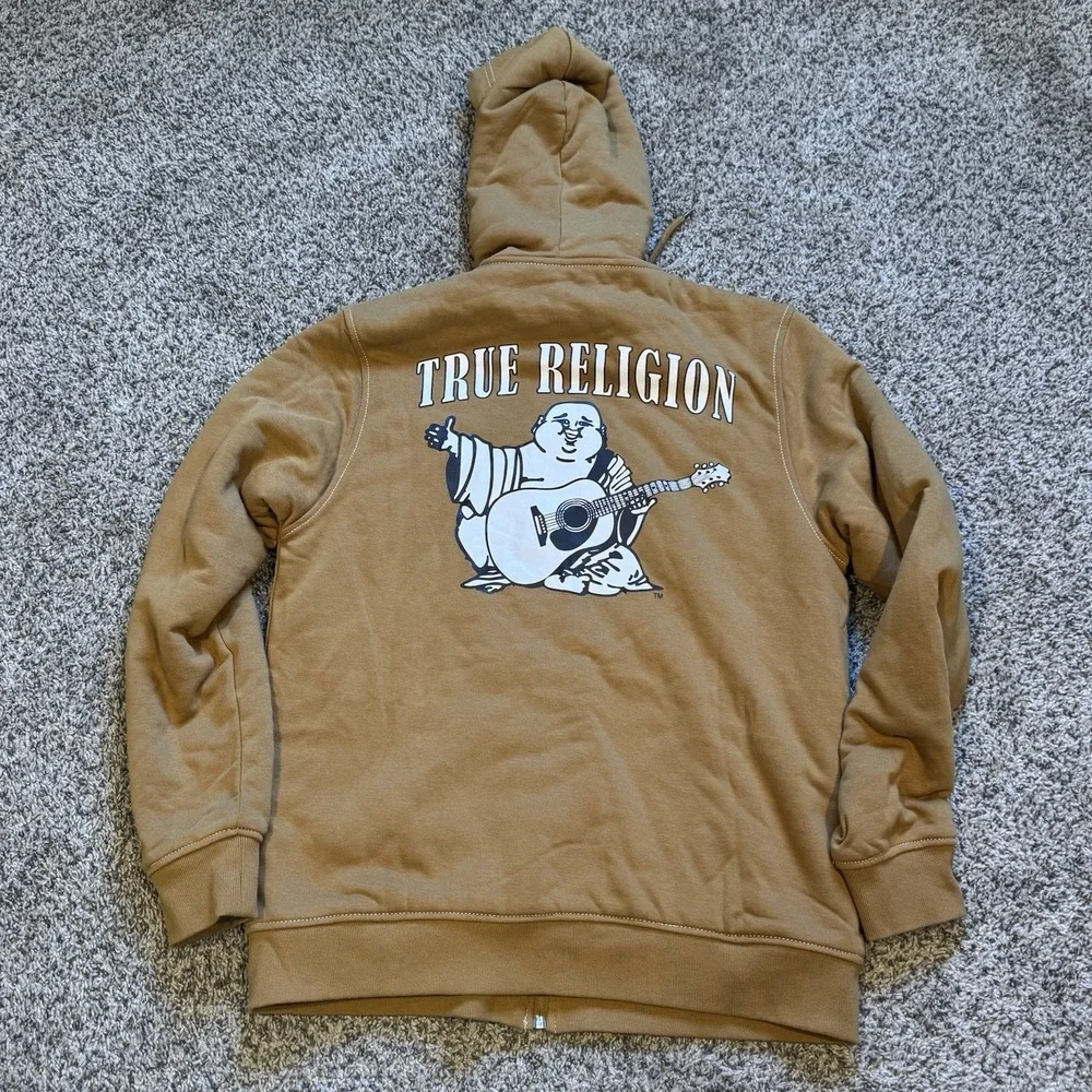True Religion Mens Buddha Sherpa Full Zip Hoodie Dijohn Tan Sz Medium New